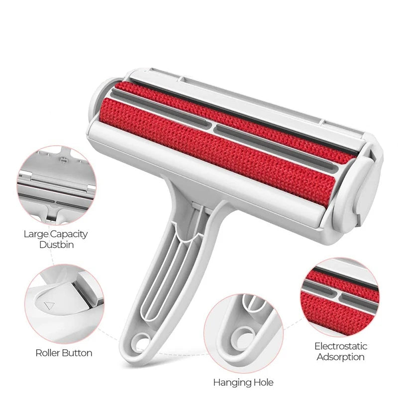 Close-up of the pet hair roller labelling its large-capacity waste chamber, roller release button, hanging hole in the handle and electrostatic roller surface