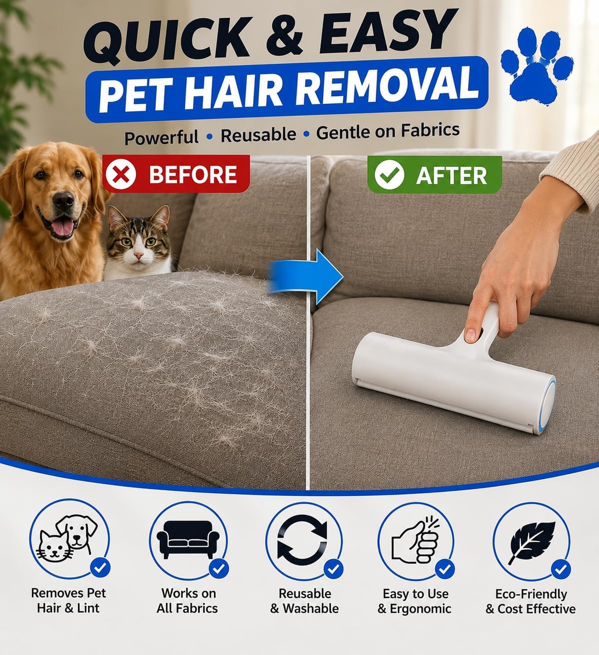 Self-Cleaning Pet Hair Remover Roller Cleaning Brush
