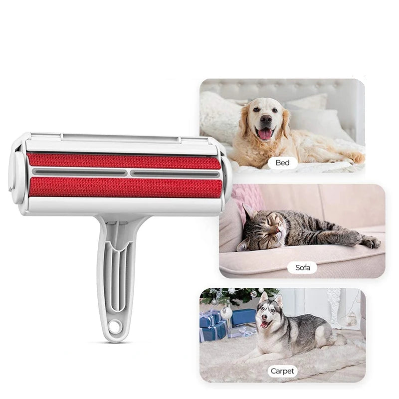 Red and white self-cleaning pet hair remover roller, shown beside photos of a dog on a bed, a cat on a sofa and a dog on a carpet